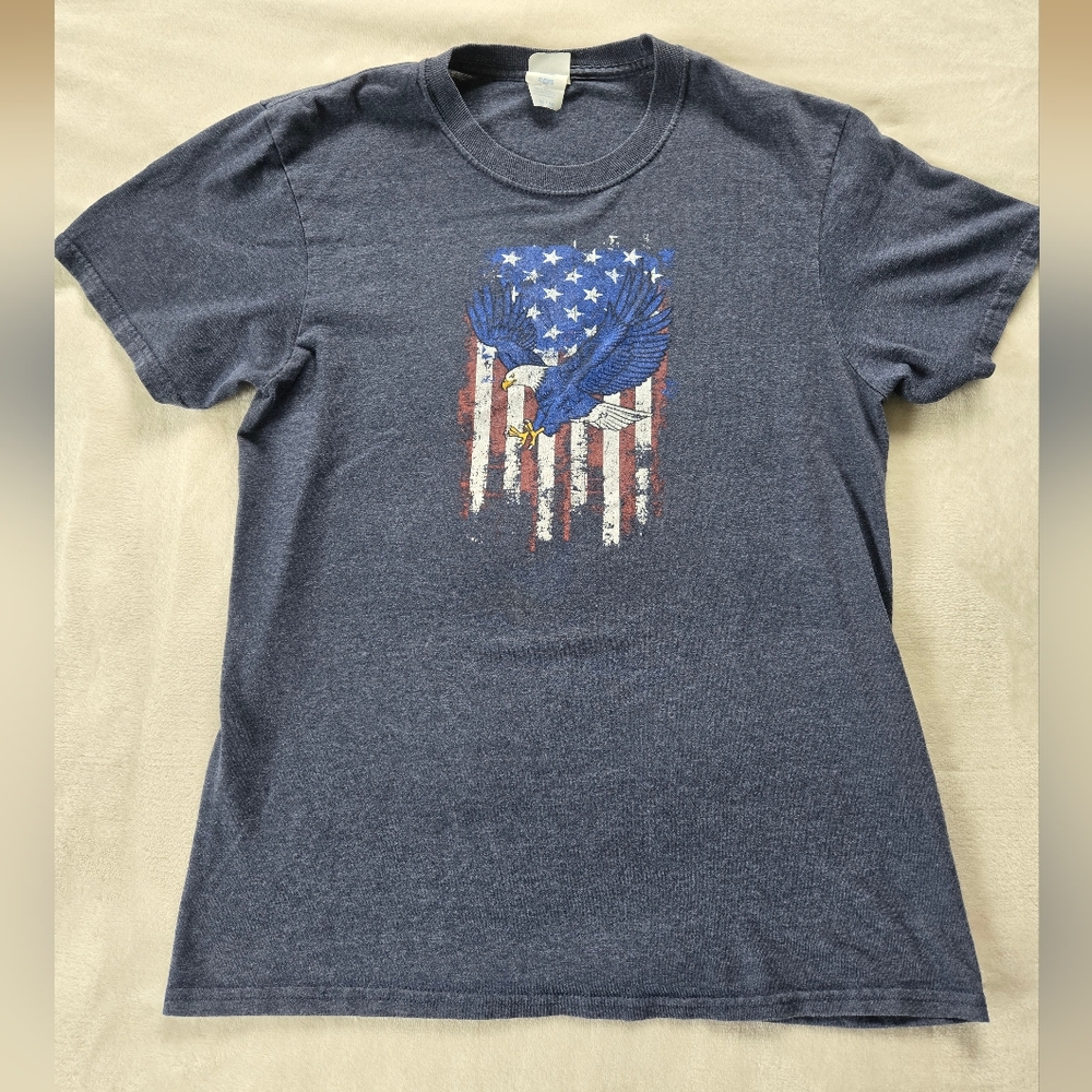 Port and Company Blue Short Sleeve Tee with Patriotic Design. Size XL